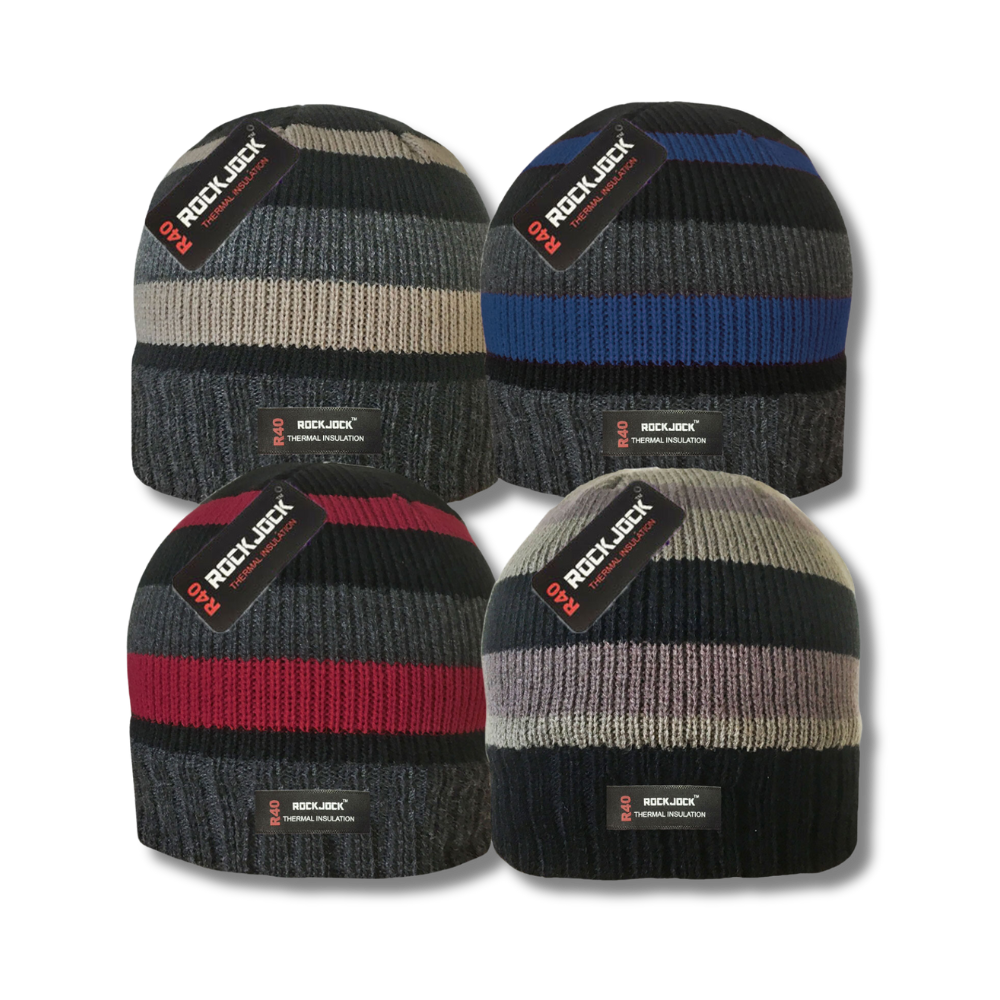 HATTS12 Striped Beanie Hat with Thermal Lining X 12