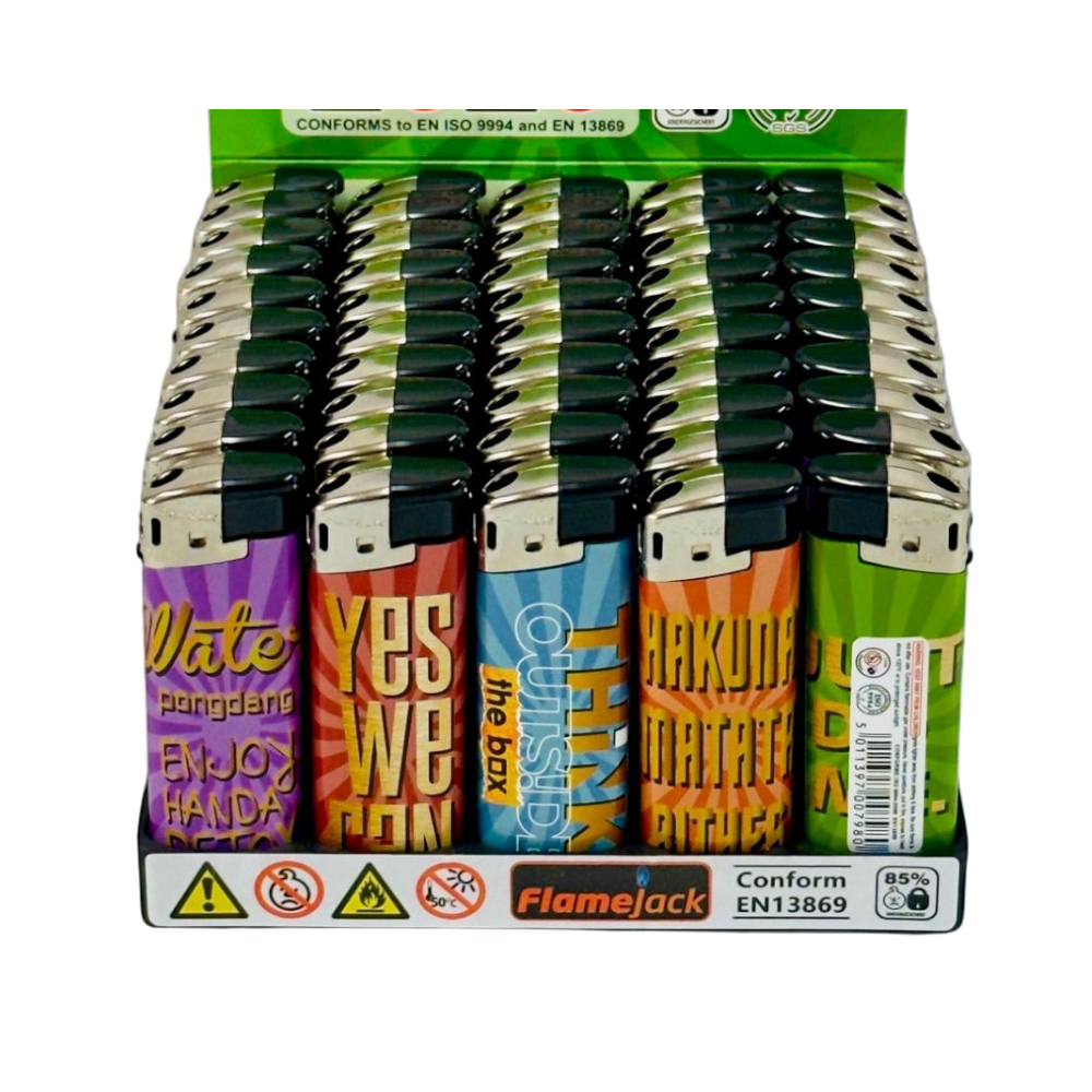 LIFJSOG Flamejack Electronic Lighters Slogan Tray of 50