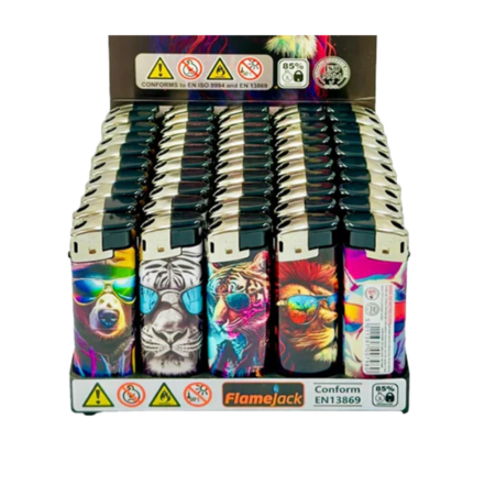 Flamejack Electronic Printed Lighters Tray of 50 - Animals With Glassess
