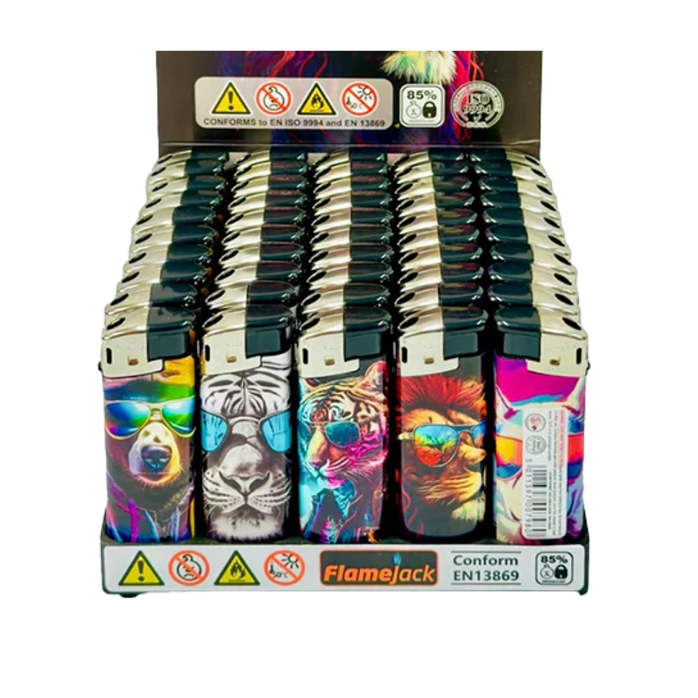 flamejack electronics printed lighters tray of 50 - animal with glassess Flamejack Electronic Printed Lighters Tray of 50 - Animals With Glassess