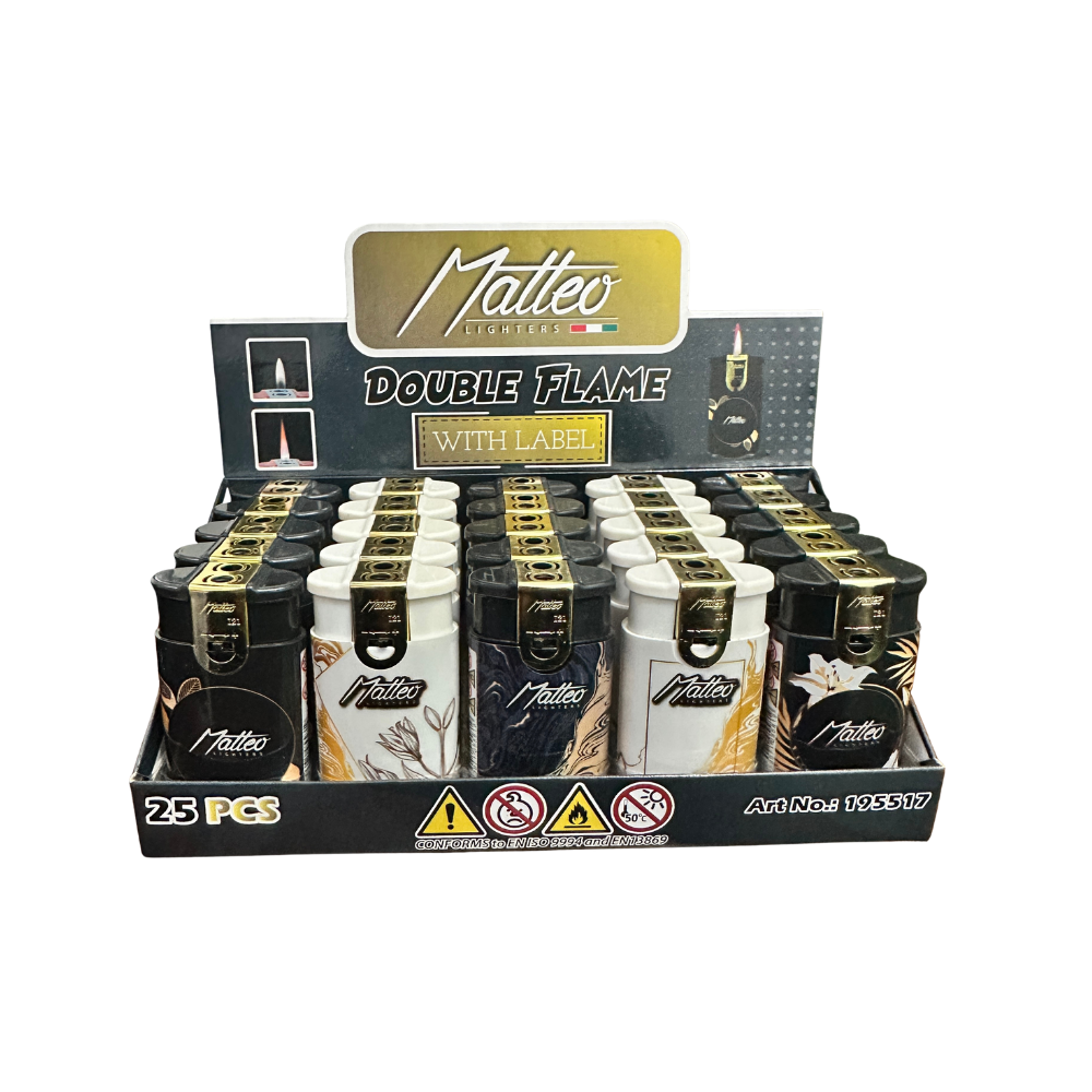 Matteo Double Flame Lighter Soft Flame & Windproof go;d black Matteo Double Flame Lighter Soft Flame & Windproof Tray of 25 - Black & Gold