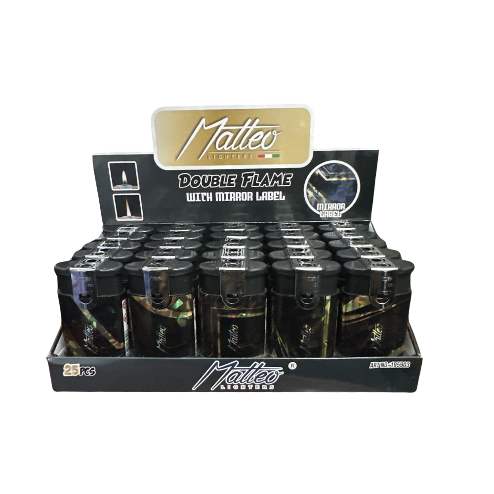 Matteo Double Flame Lighter Soft Flame & Windproof mirror golden Matteo Double Flame Lighter Soft Flame & Windproof Tray of 25 - Mirror Golden