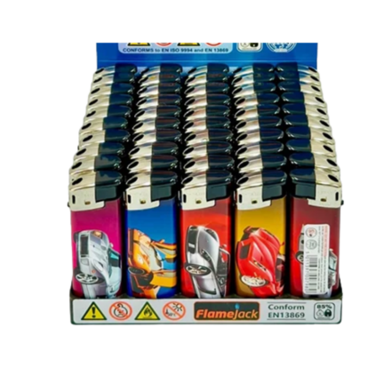 Flamejack Electronic Printed Lighters Tray of 50 - Exotic Cars