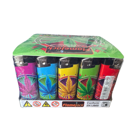 Flamejack Electronic Printed Lighters Tray of 50 - Weed Leaf