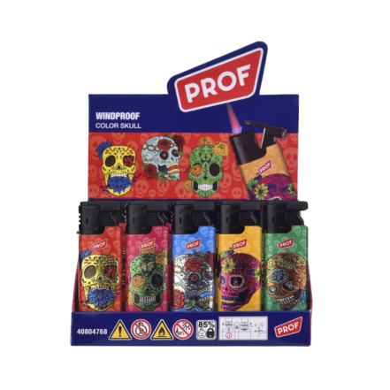 Prof Windproof 3D Effect Printed Lighters 50 Per Tray - COLOR SKULL